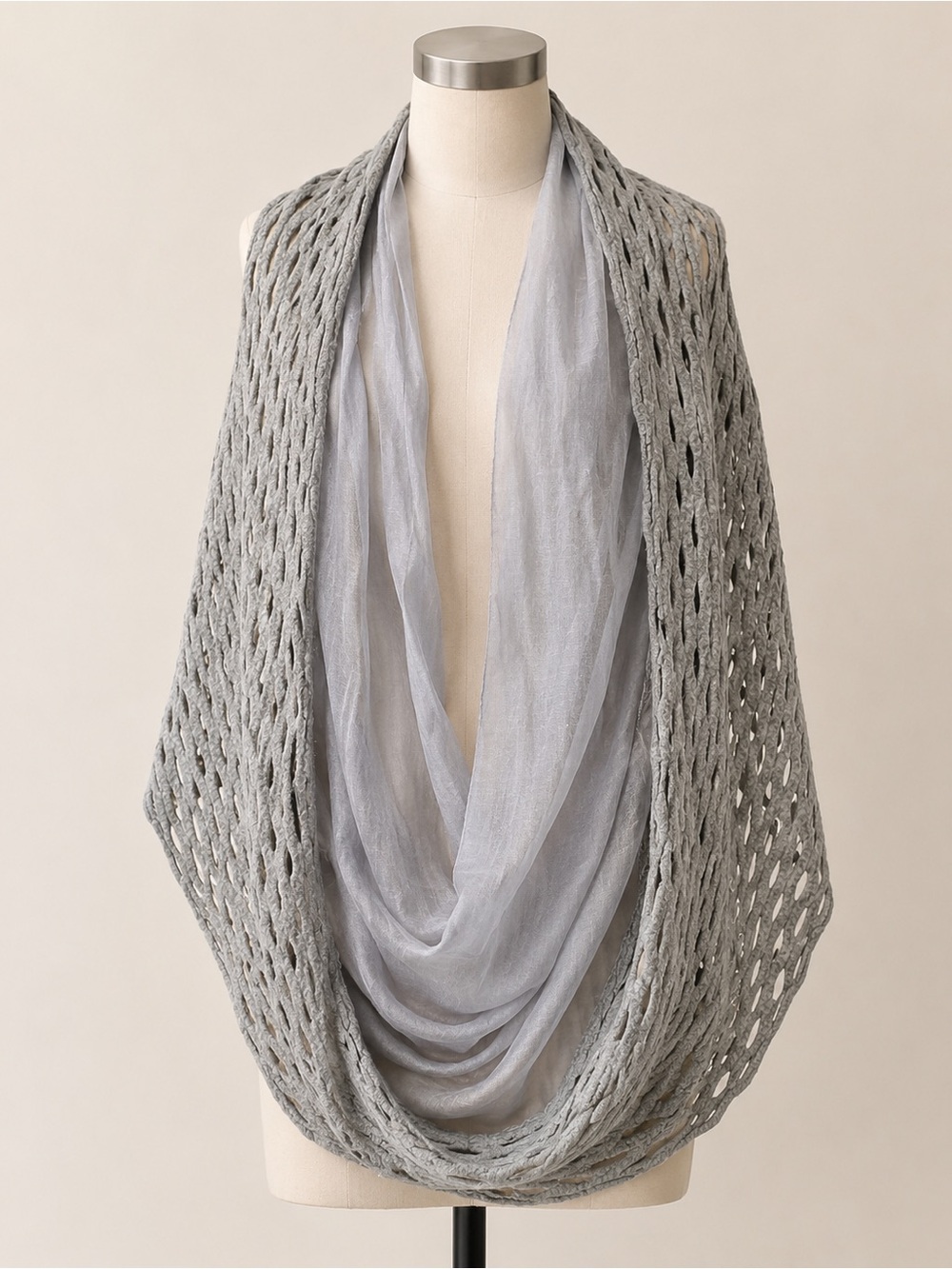 J. Hill Artisan Felt Wool Silk Lace Wrap Gray Wearable Art Shawl